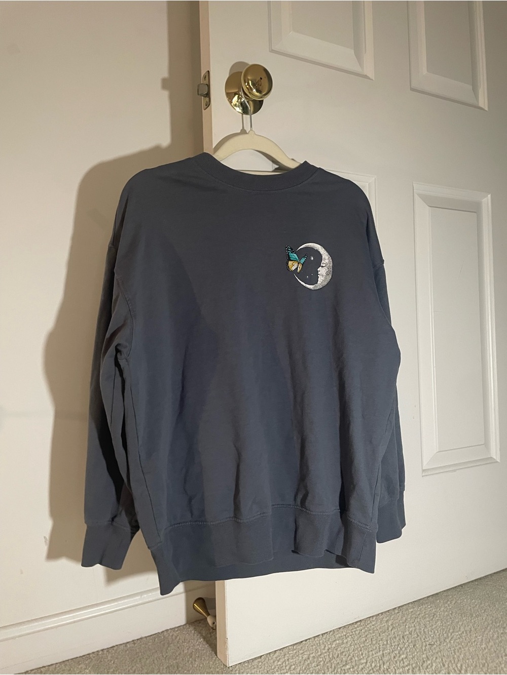 Rebellious One Charcoal Crewneck Sweater with Moon & Butterfly Patch